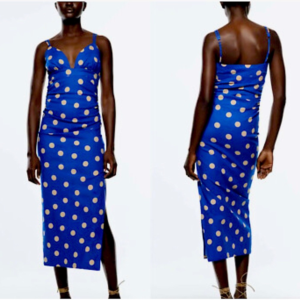 Zara Blue and Gold Polka Dot Midi Dress